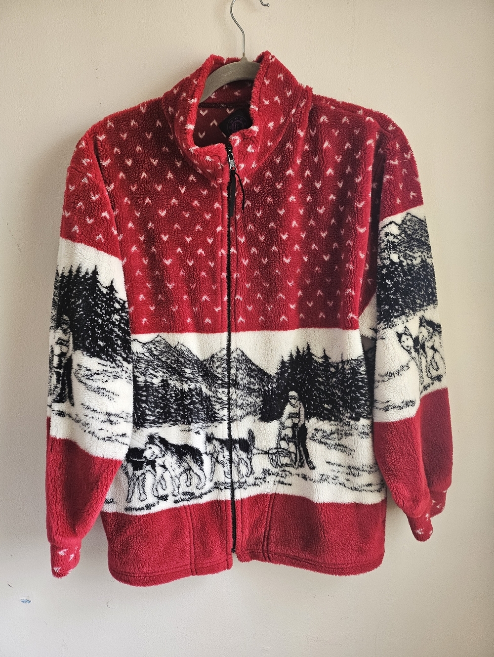 BLAIR Sweater Jacket Womens Large Red White Wolf Wolves Nature AOP Fleece 90s